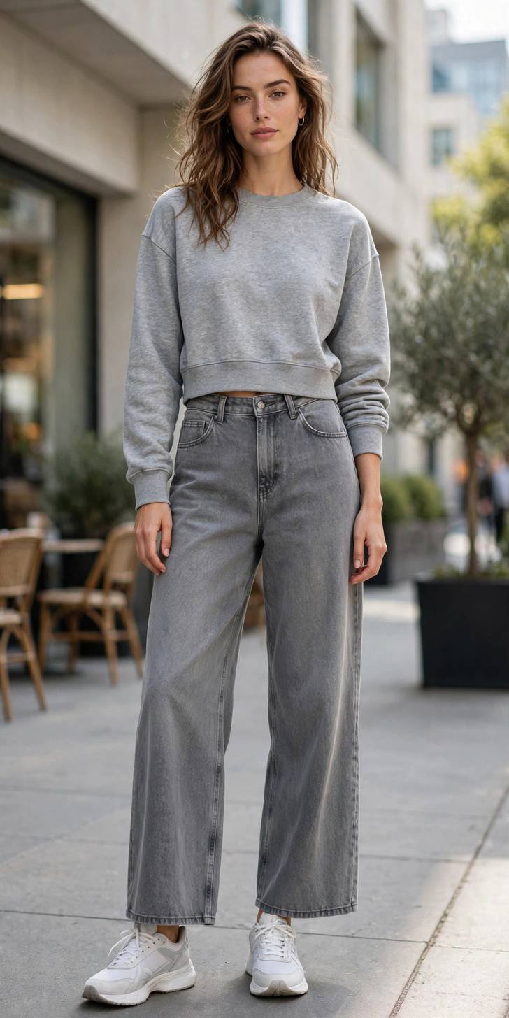 Woman in gray wide-leg jeans and cropped sweatshirt