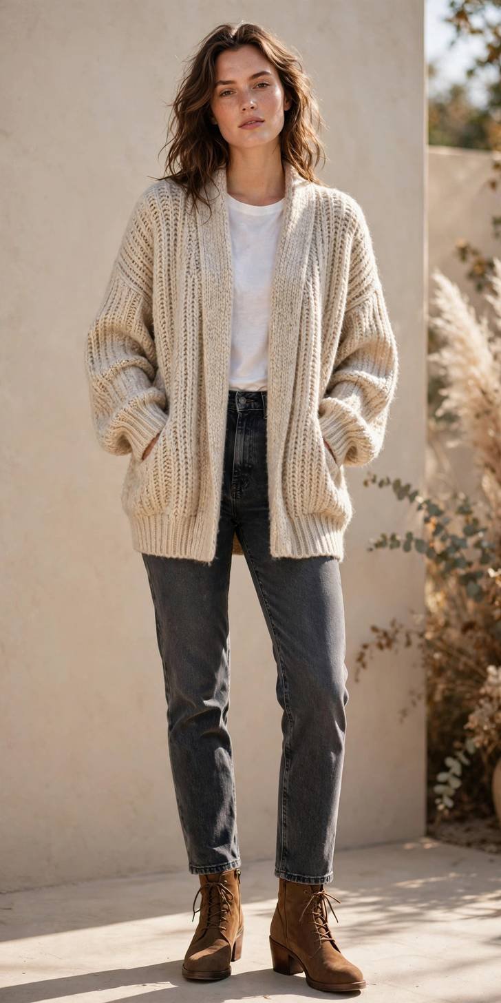 Woman in dark gray jeans and cozy cardigan
