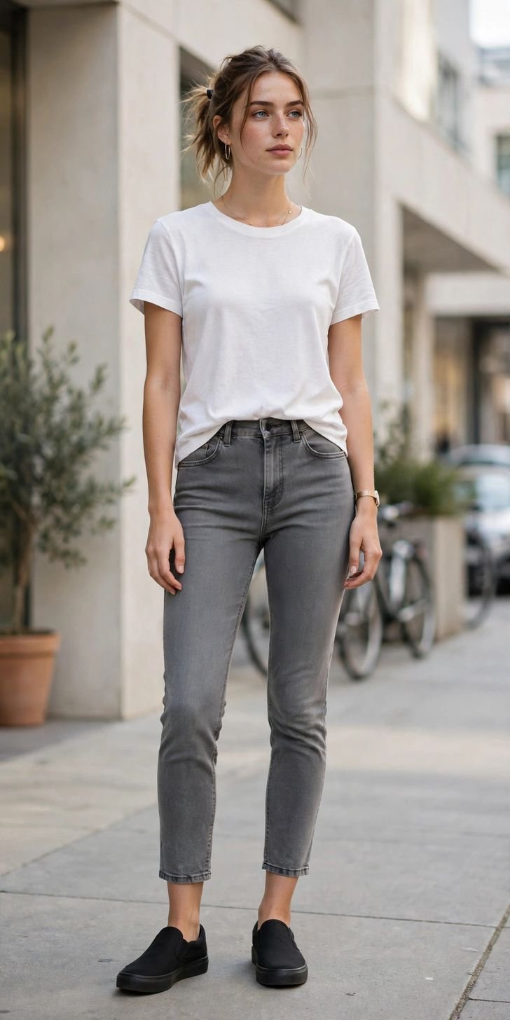 Woman in gray ankle jeans and slip-on sneakers
