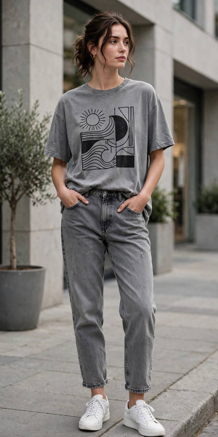Woman in washed gray boyfriend jeans and graphic tee