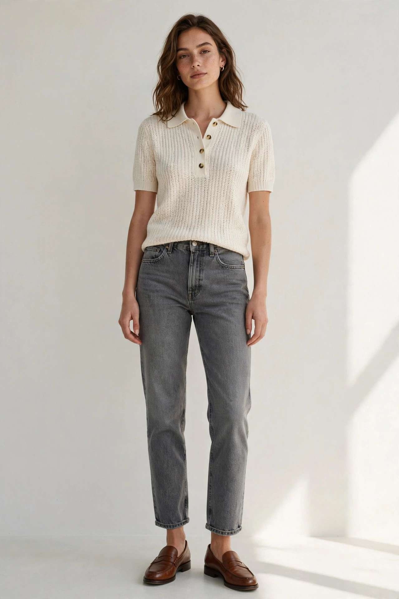 Woman in gray high-rise jeans and knit polo