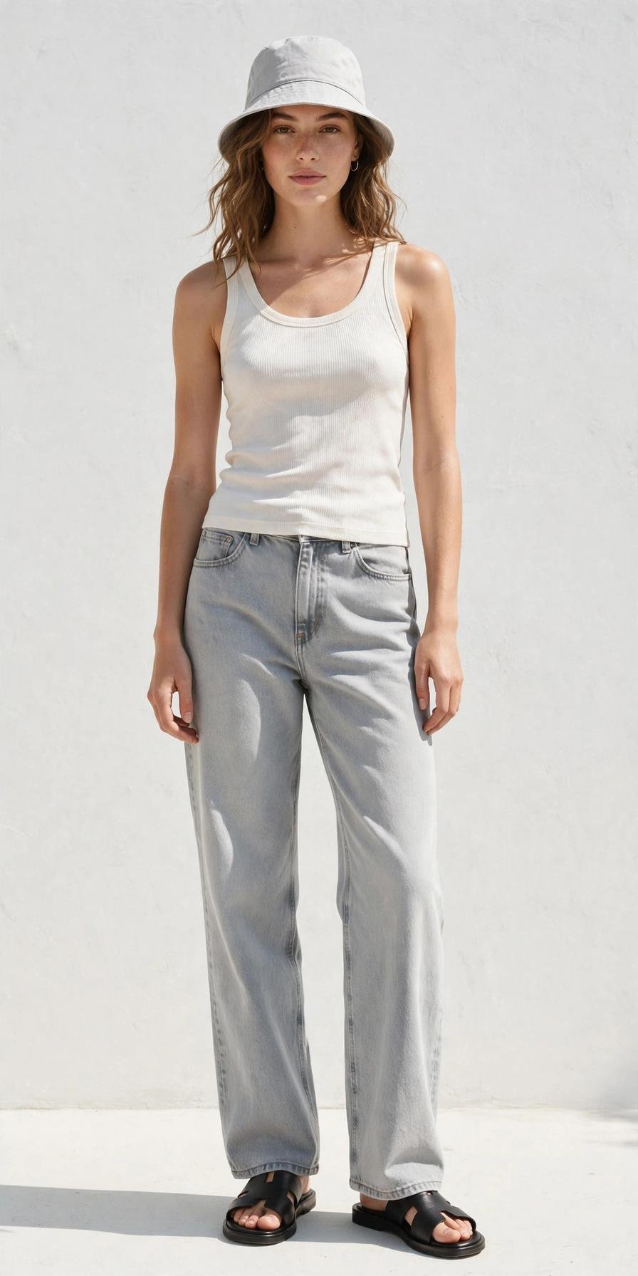 Woman in light gray jeans and tank top, sunny casual look