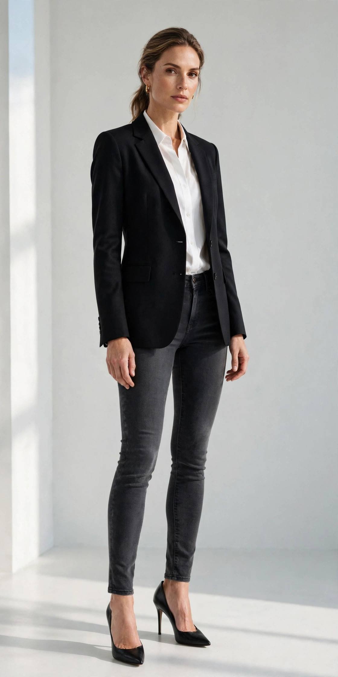 Woman in dark gray skinny jeans with tailored black blazer, office look