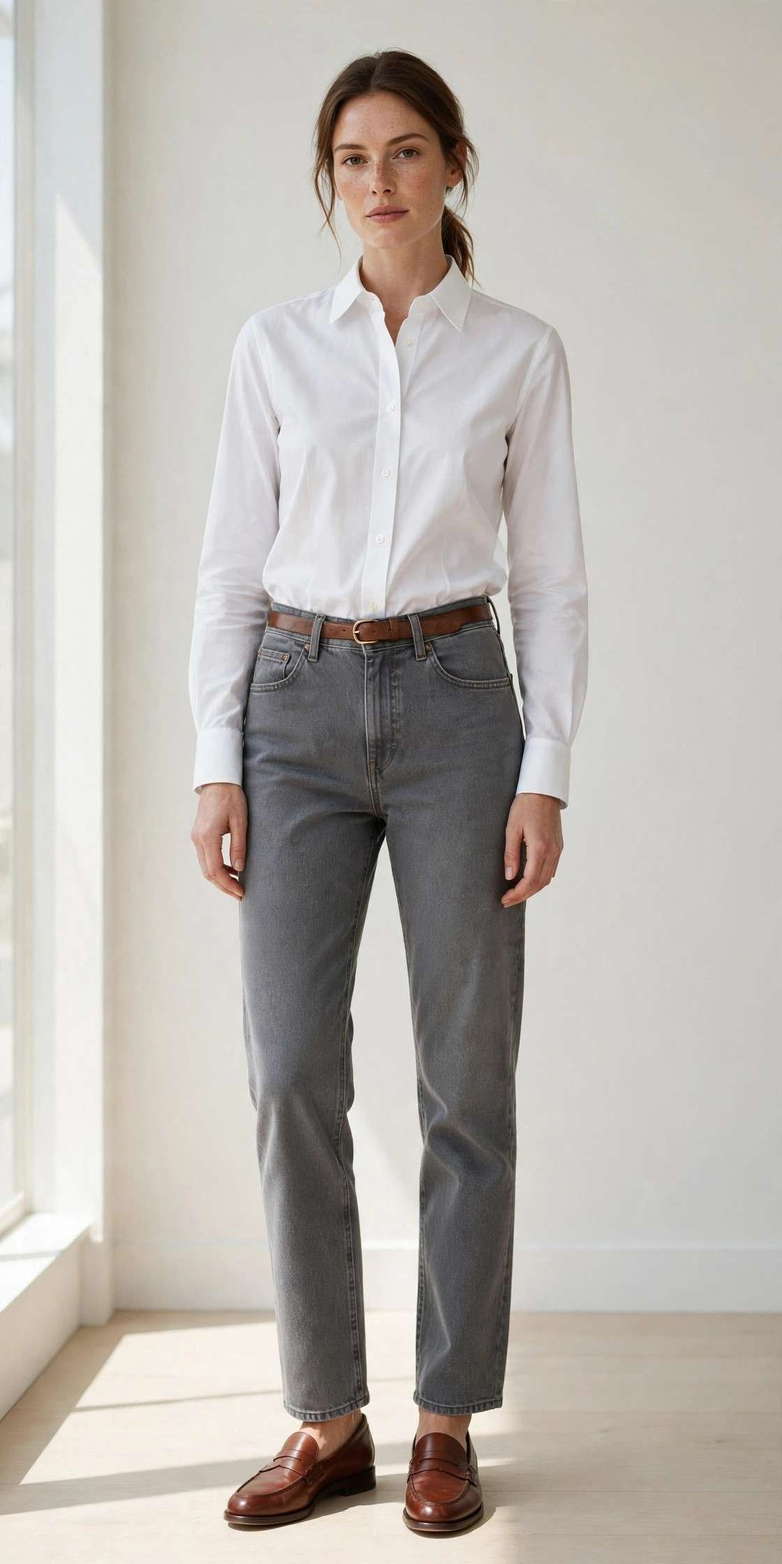 Woman in gray straight-leg jeans with white button-down shirt