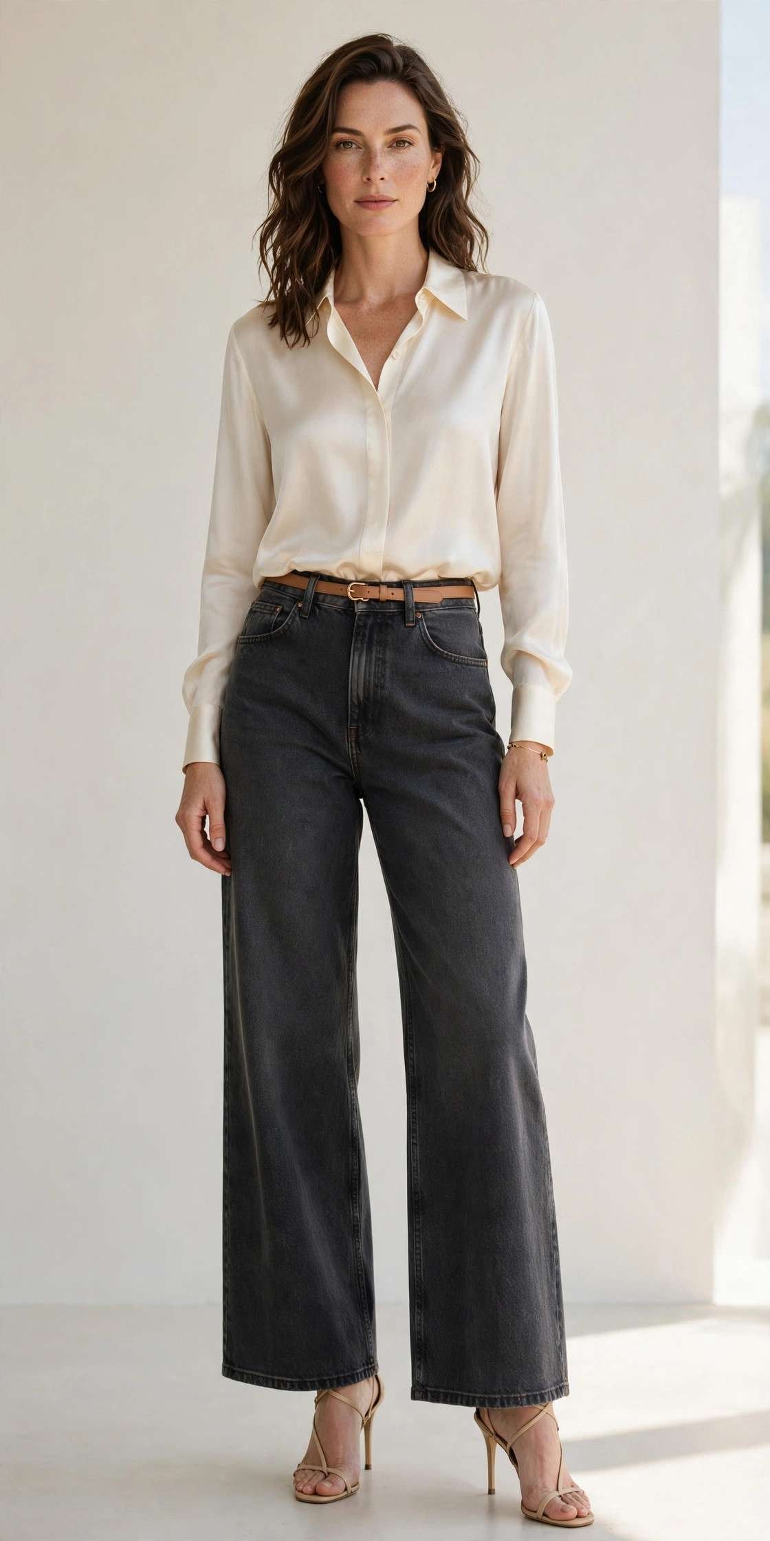 Woman in charcoal wide-leg jeans with cream silk blouse