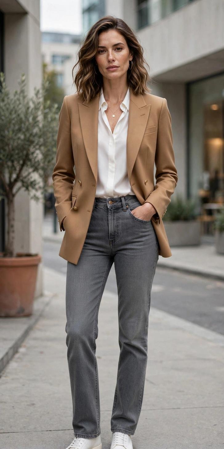 Woman in mid gray jeans with structured camel blazer