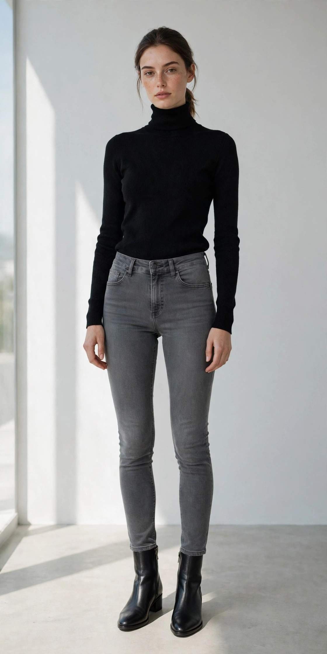 Woman in gray slim jeans with black turtleneck, professional style