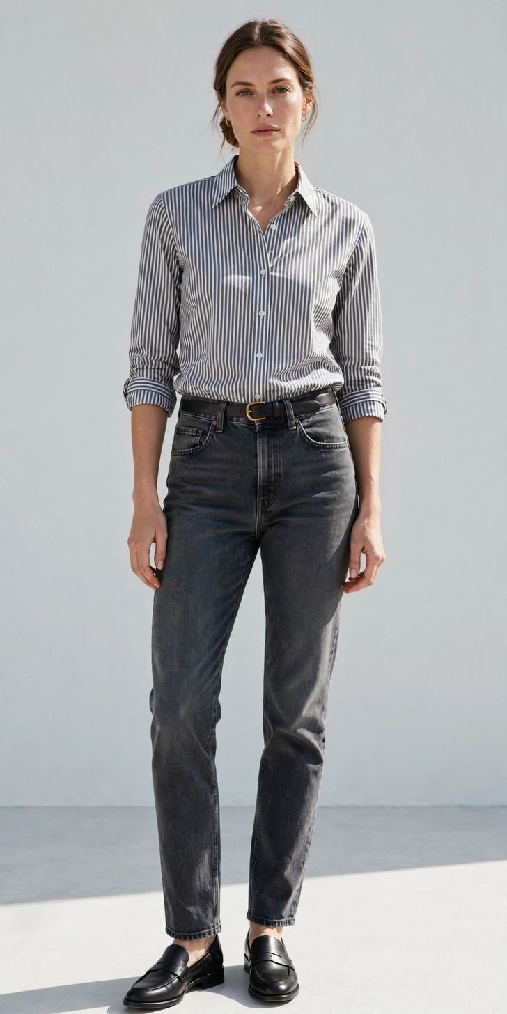 Woman in dark gray high-rise jeans with striped shirt