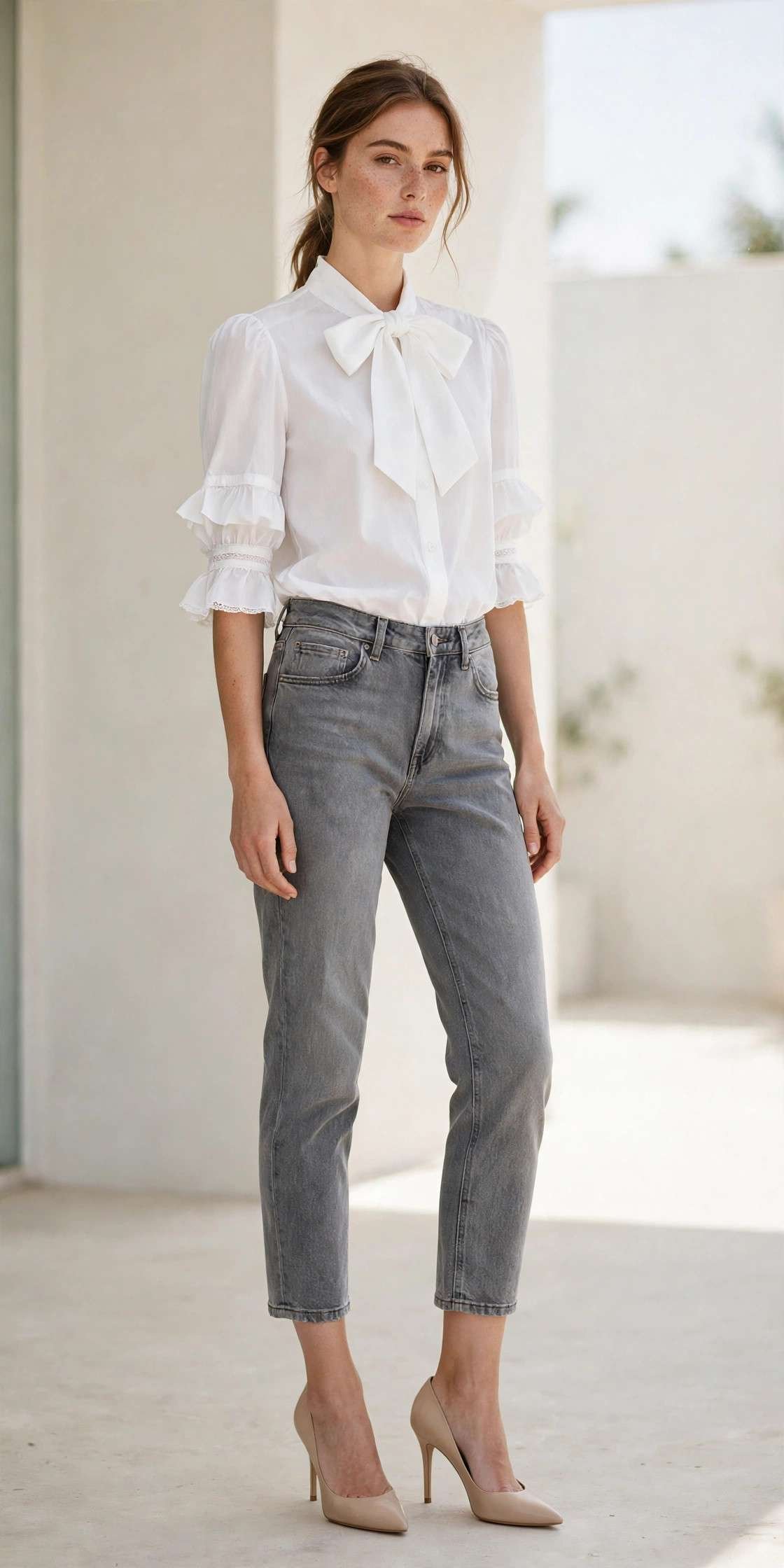 Woman in gray cropped jeans with bow blouse, work chic