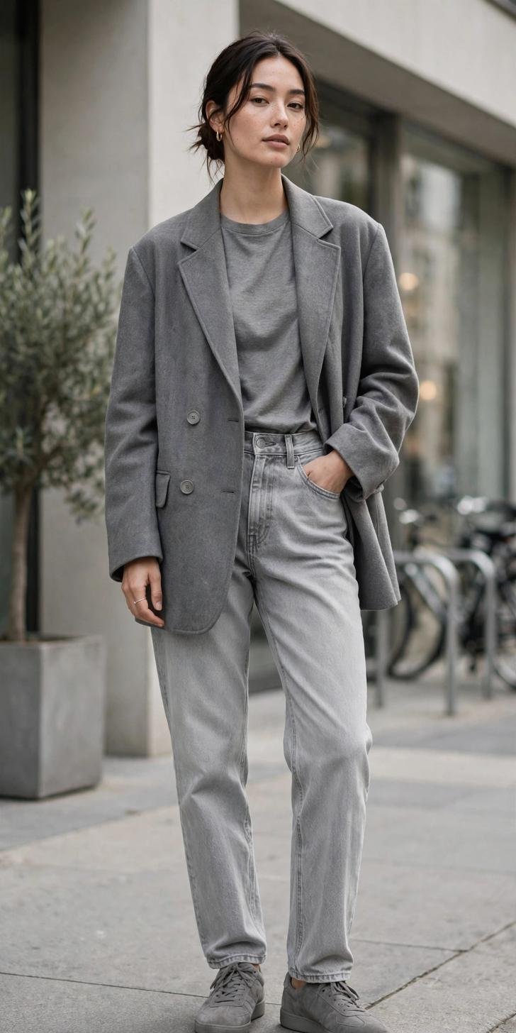 Woman in light gray jeans with oversized gray blazer