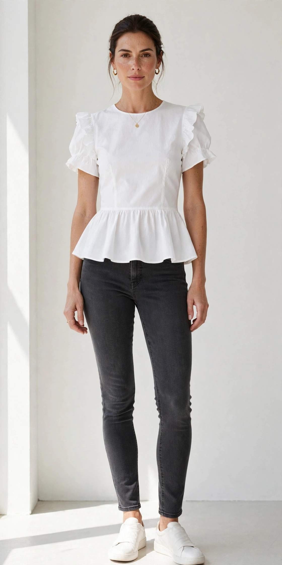 Woman in charcoal skinny jeans with white peplum top