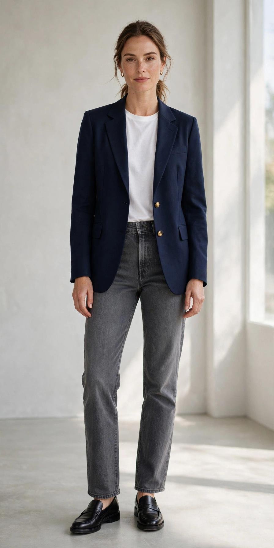 Woman in gray straight jeans with navy blazer