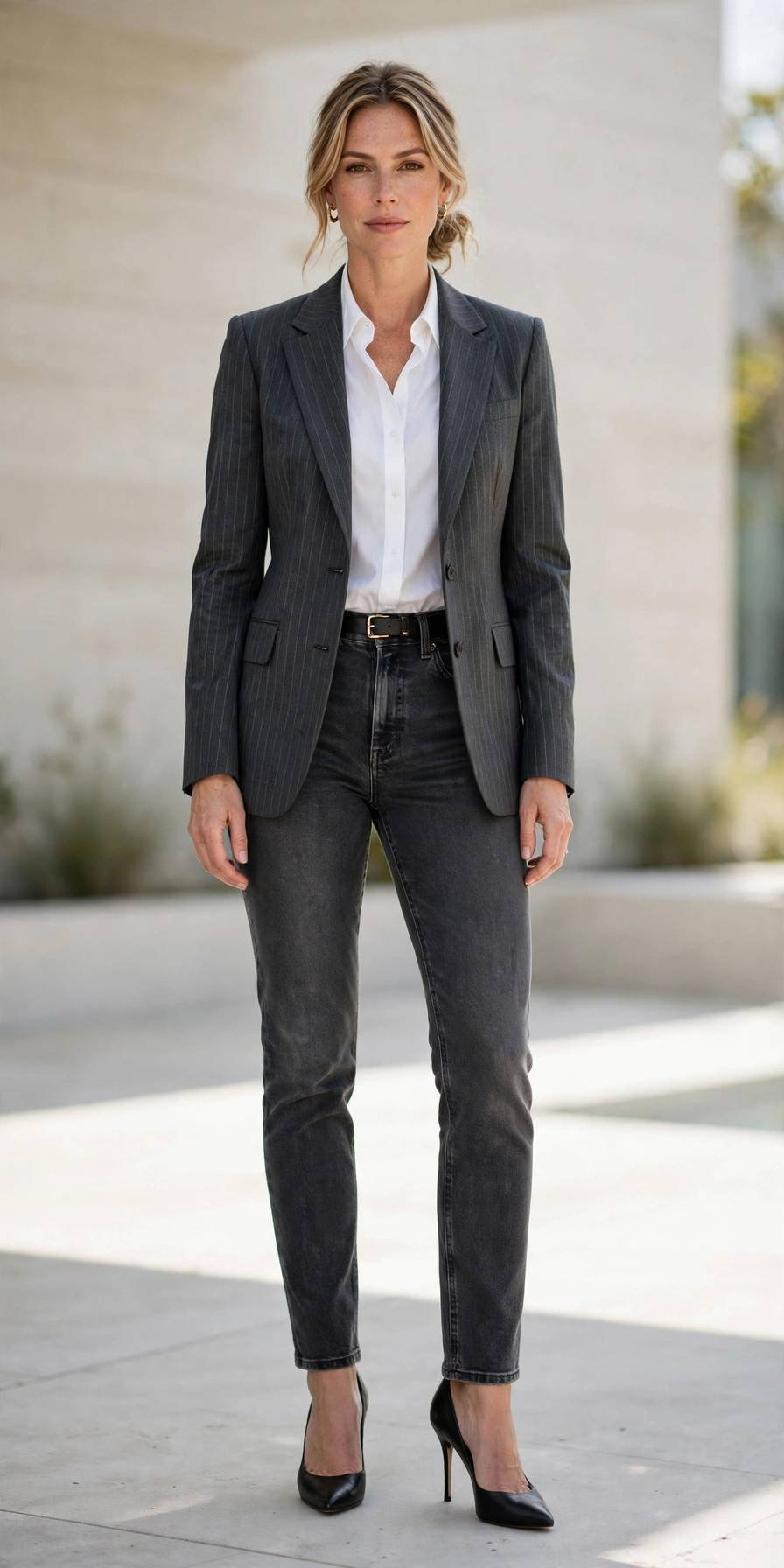 Woman in dark gray jeans with pinstripe blazer