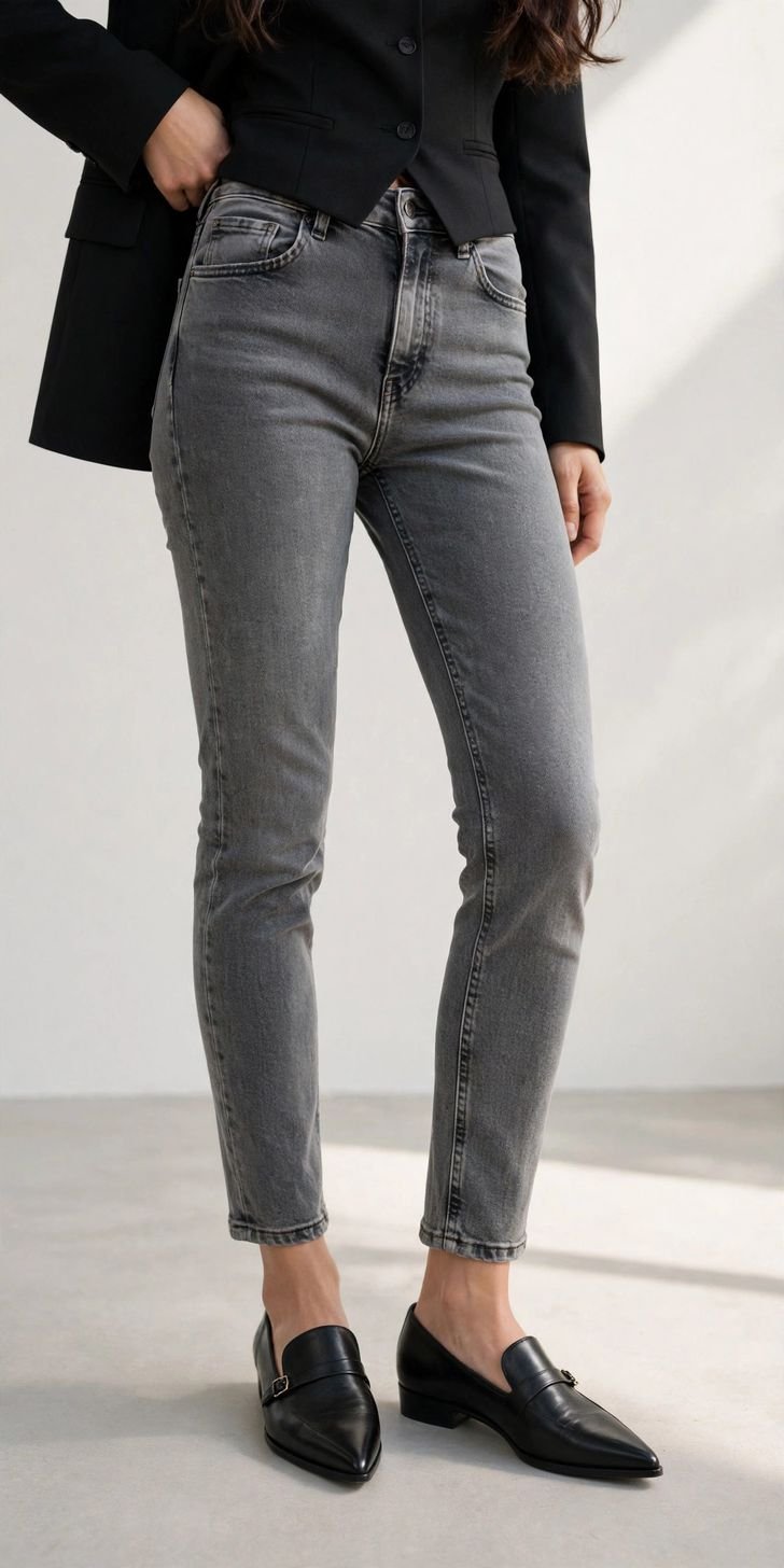 Woman in gray ankle jeans with pointed loafers, work outfit