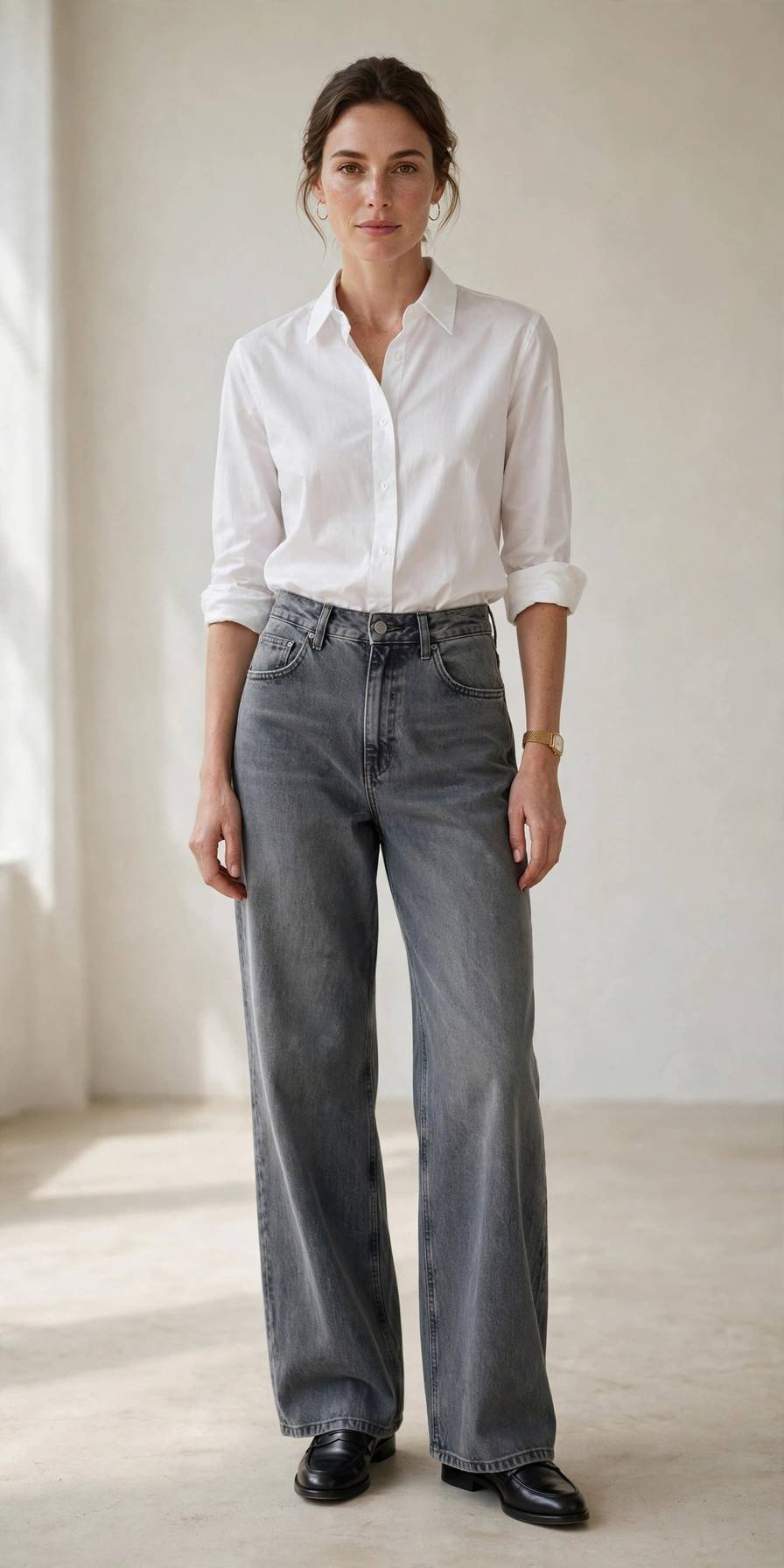 Woman in mid gray wide-leg jeans with tucked-in blouse