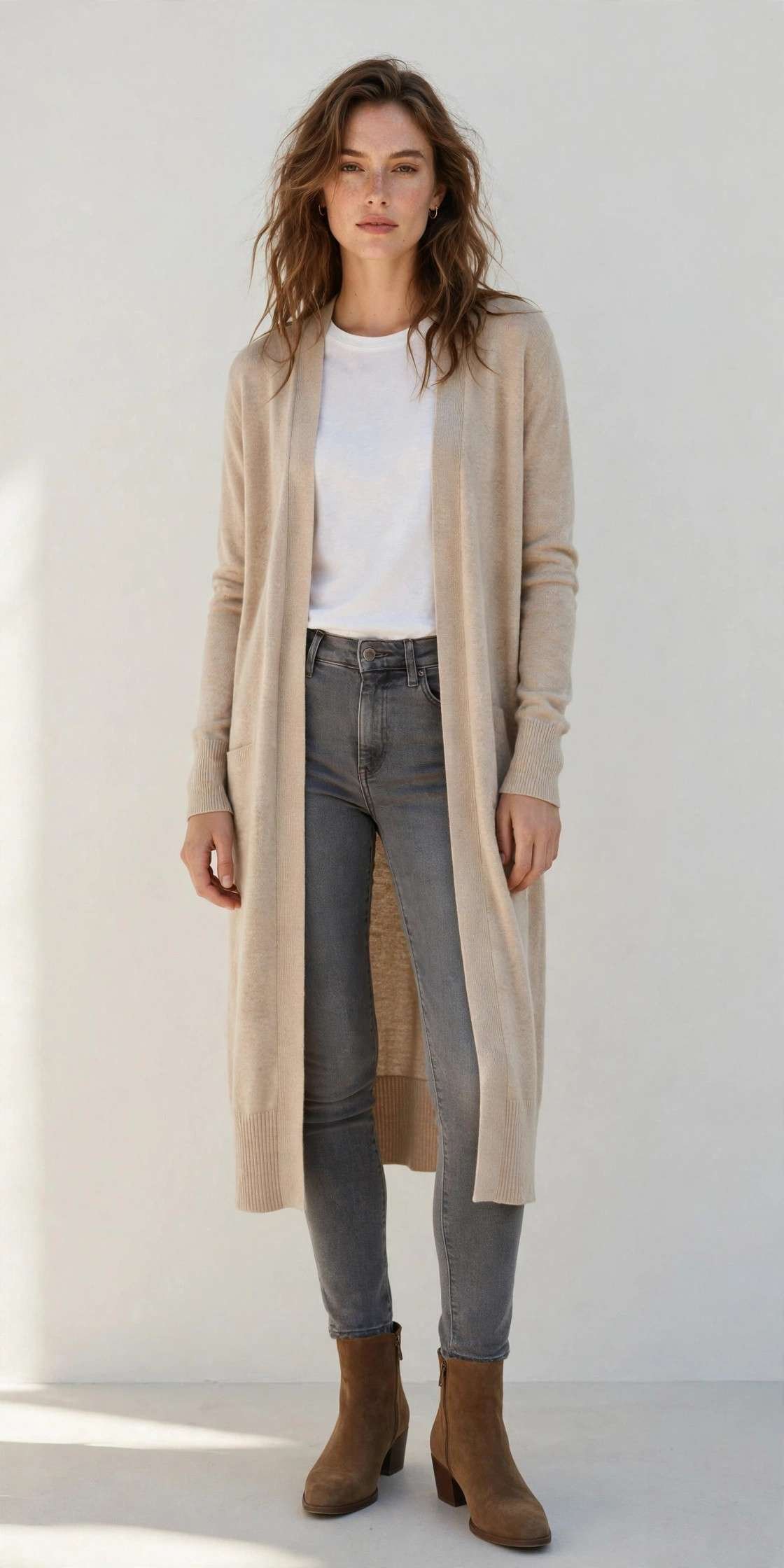 Woman in gray skinny jeans with longline cardigan