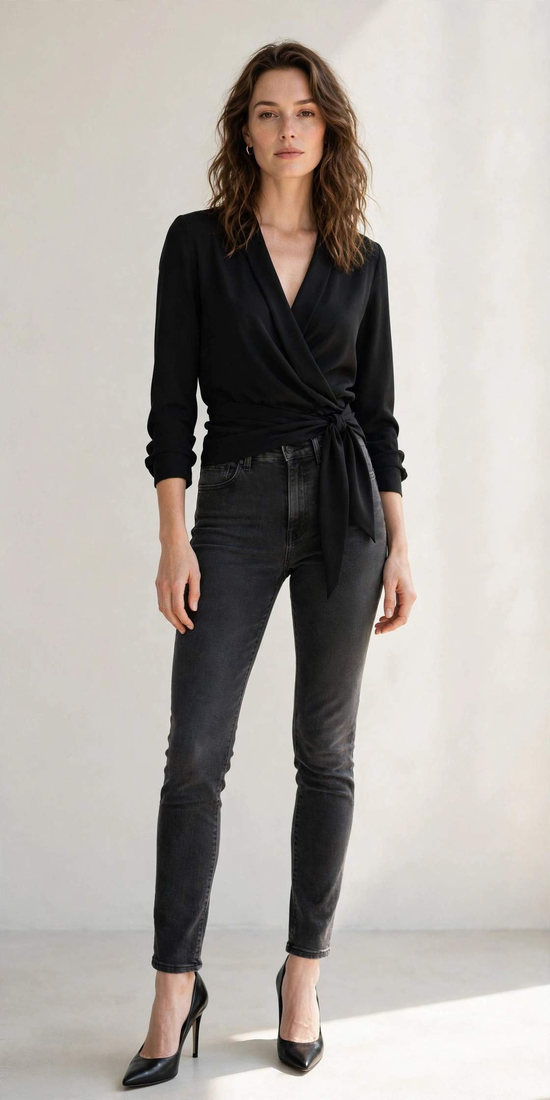 Woman in charcoal jeans with black wrap blouse