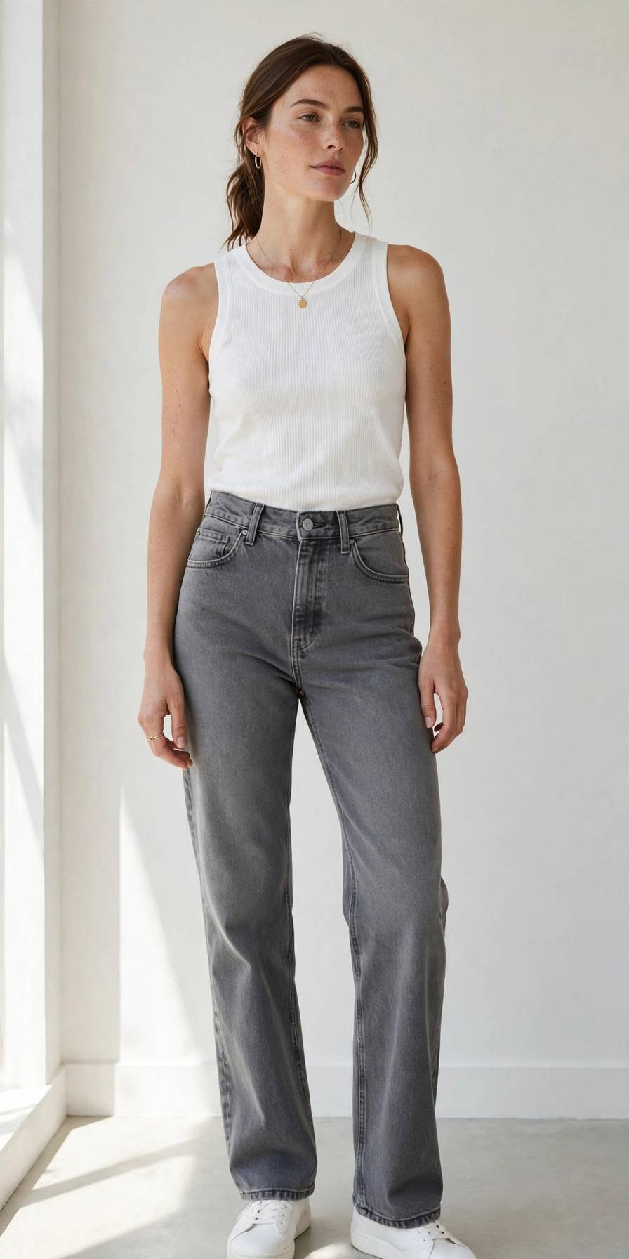 Woman in gray high-waisted jeans with sleeveless shell top
