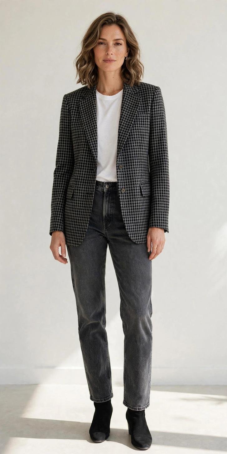 Woman in dark gray jeans with houndstooth blazer