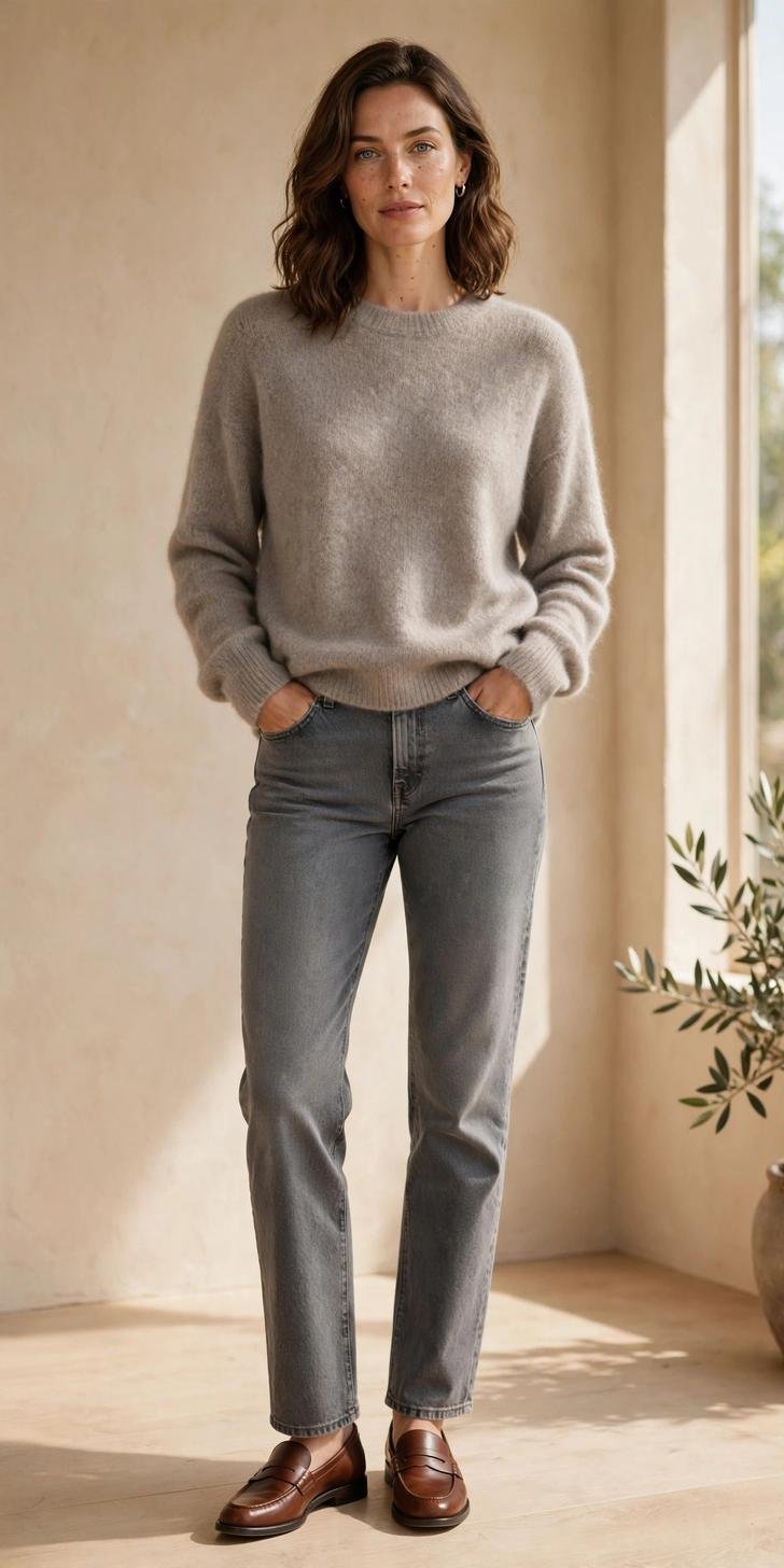 Woman in gray straight-leg jeans with cashmere sweater, office casual