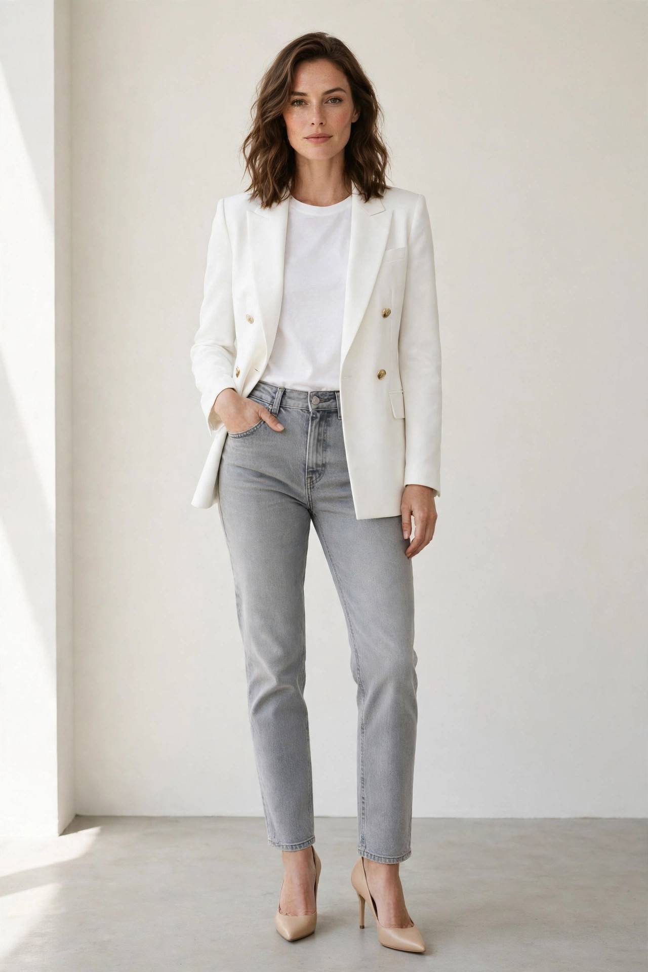 Woman in light gray jeans with white blazer, professional look