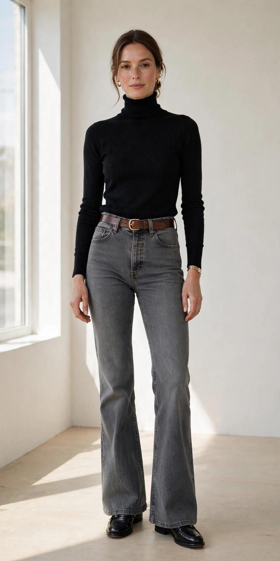 Woman in gray flare jeans with fitted turtleneck, work style