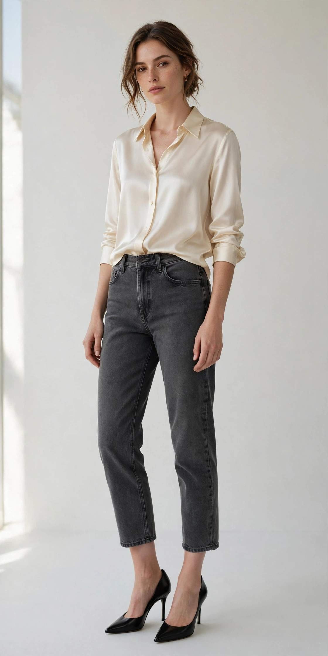 Woman in charcoal cropped jeans with silk shirt, elegant work look