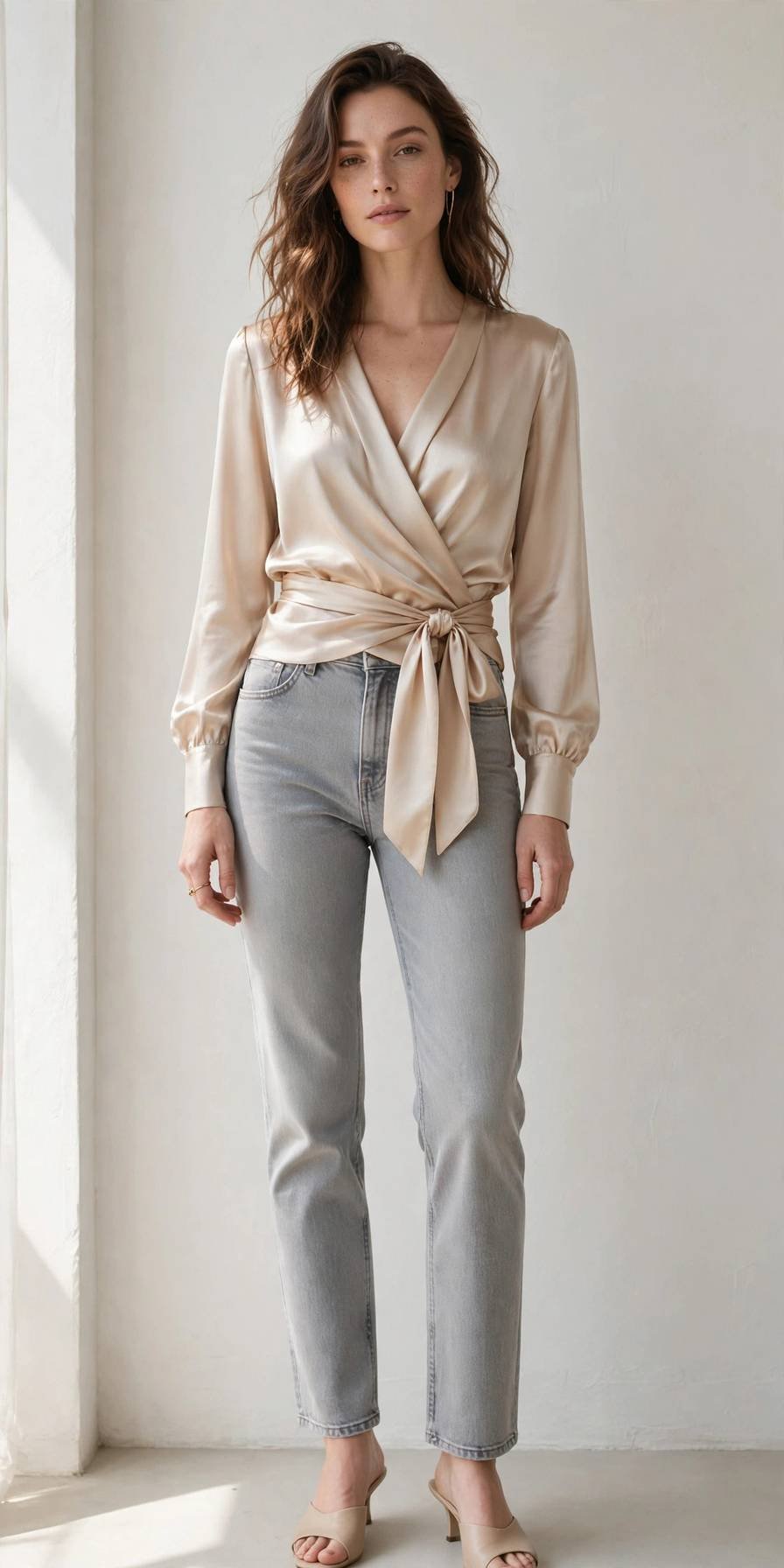 Woman in light gray jeans with silky wrap blouse