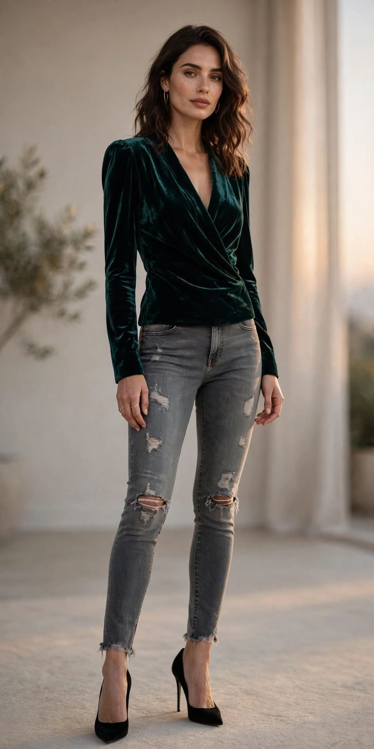 Woman in gray ripped skinny jeans with velvet top