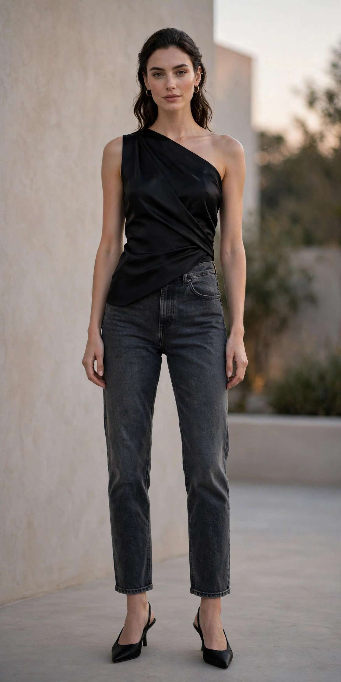 Woman in dark gray straight jeans with one-shoulder top