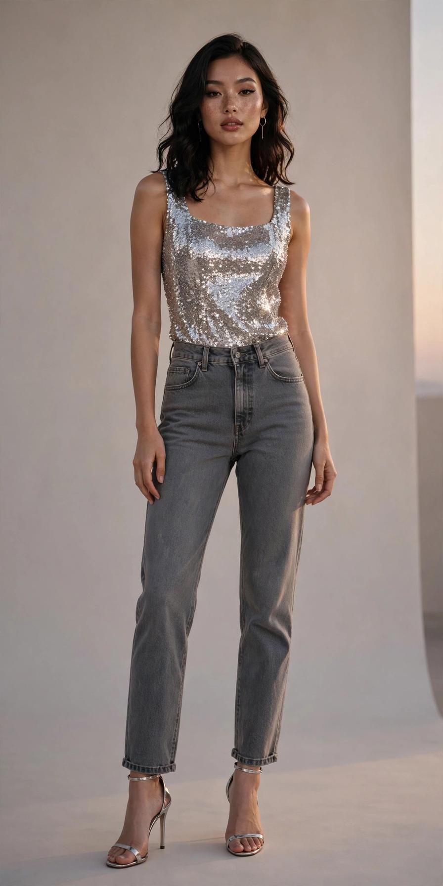 Woman in mid gray jeans with sequined top, sparkling date night