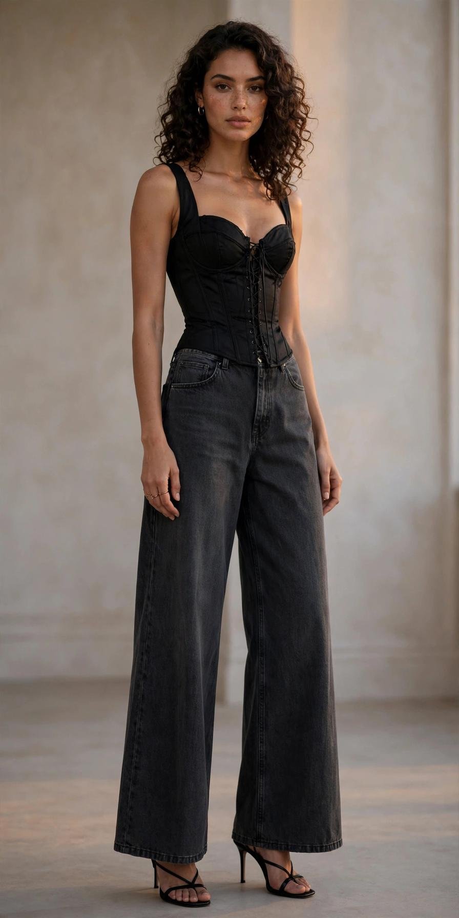 Woman in charcoal wide-leg jeans with fitted corset top