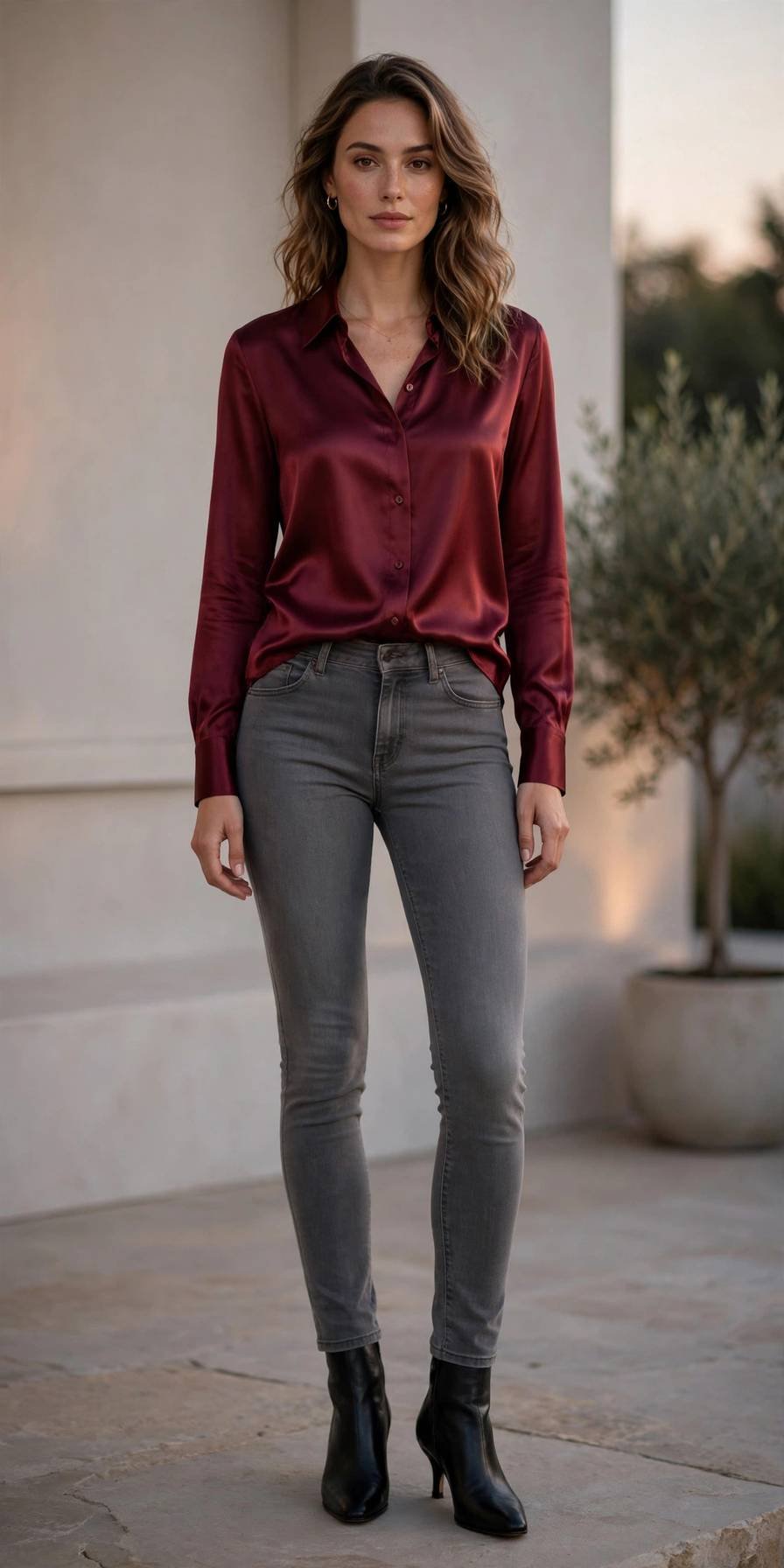 Woman in gray skinny jeans with burgundy satin shirt