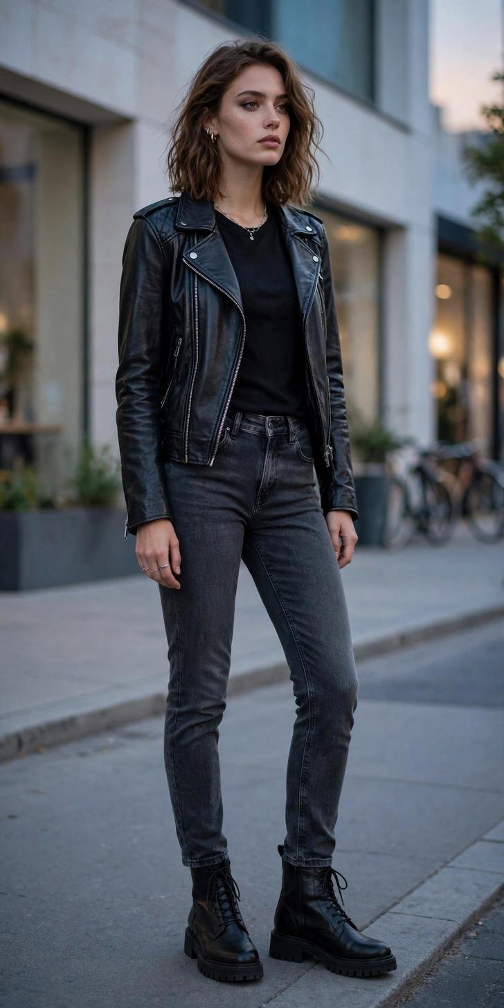 Woman in dark gray jeans with black leather jacket, edgy date night