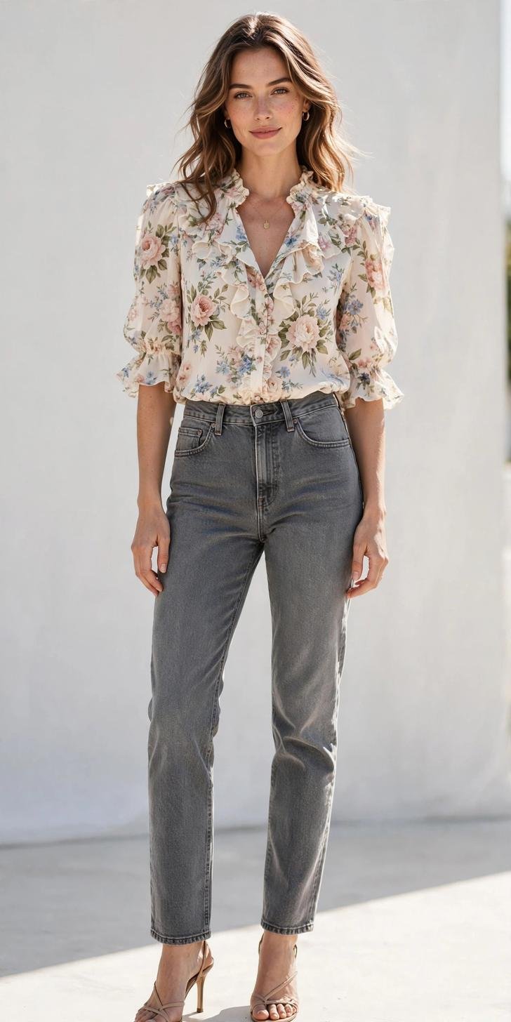 Woman in mid gray jeans with romantic floral blouse