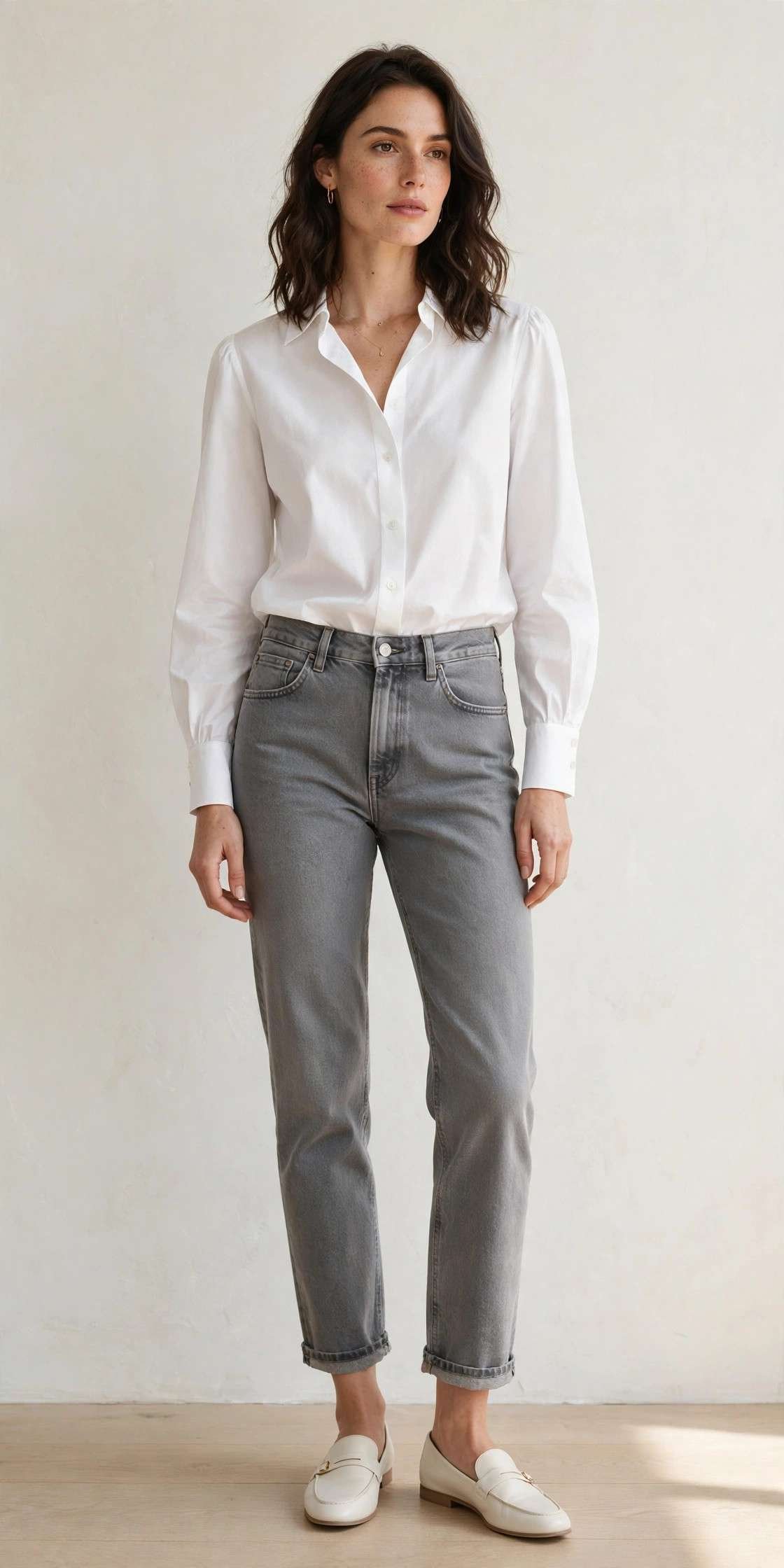Woman in gray straight-leg jeans with chic white blouse, date night