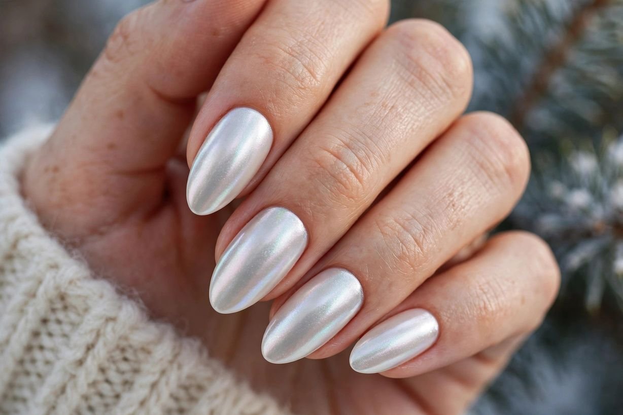 Pearl White Chrome nail design