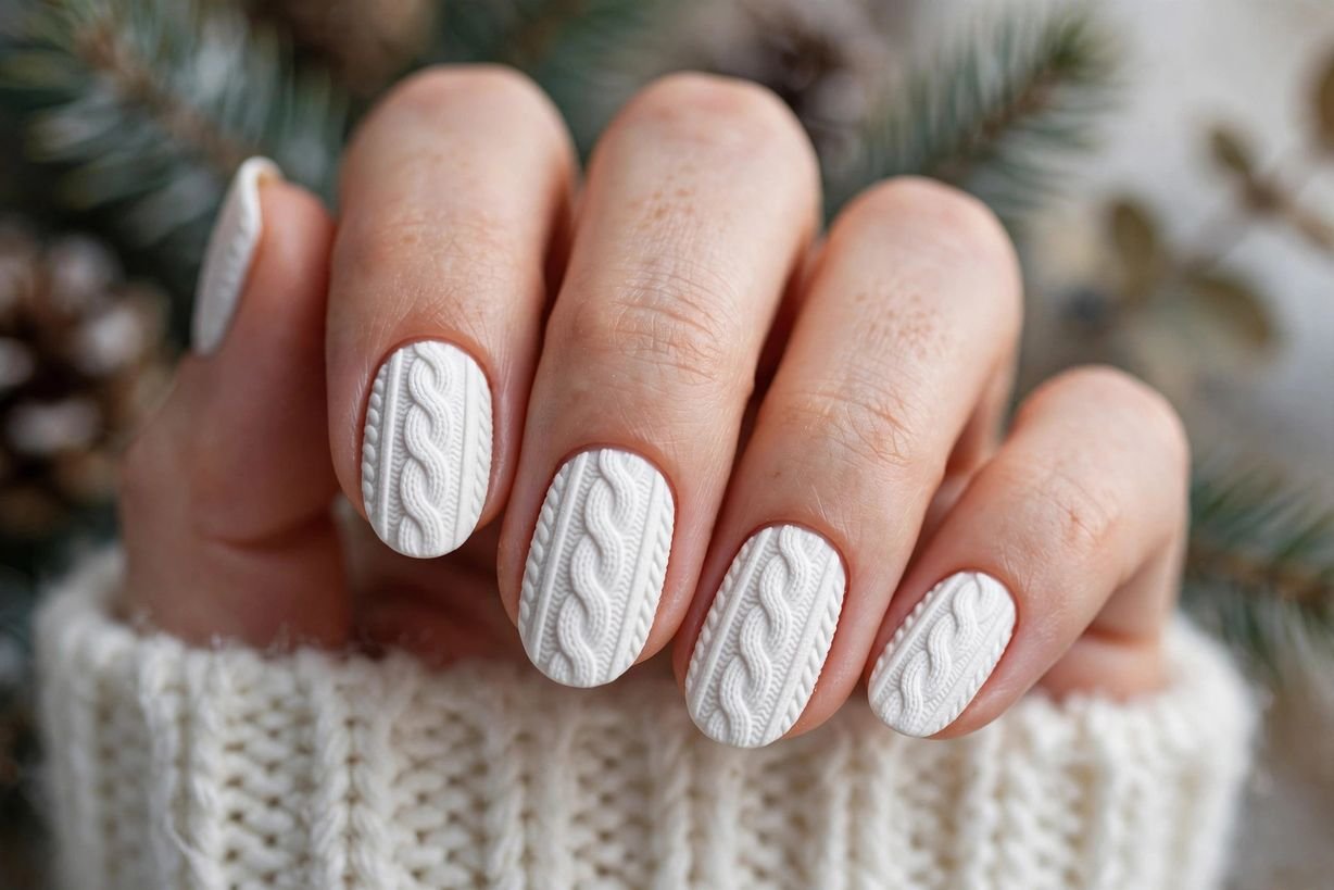 White Sweater Knit nail design