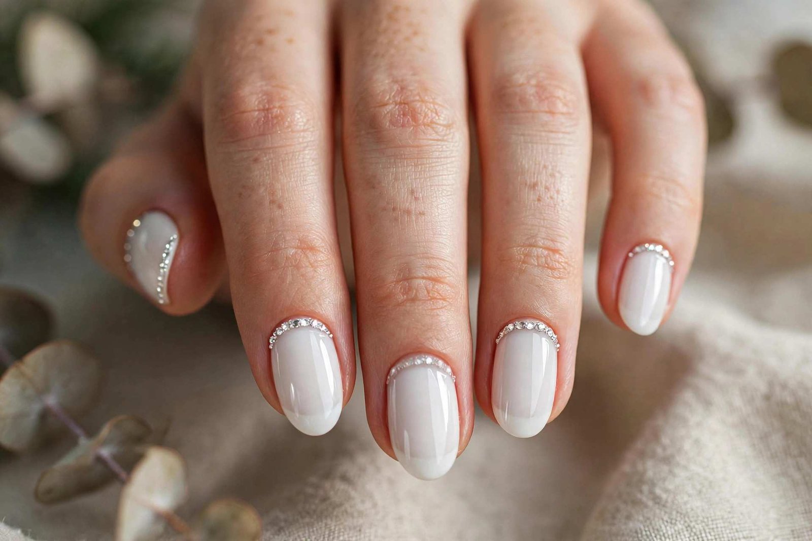 White with Crystal Cuticle nail design