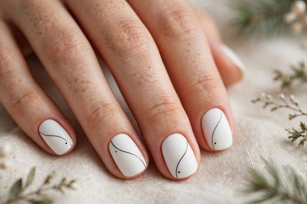 White Minimal Line Art nail design