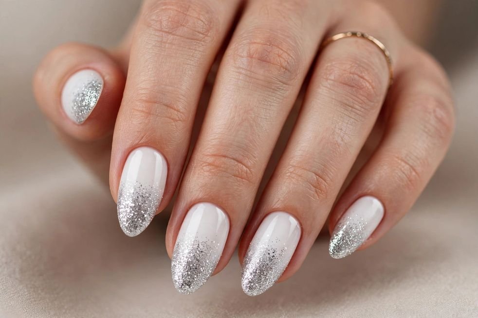 White and Silver Glitter nail design