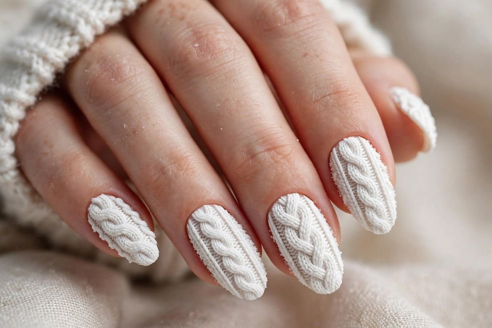 White Sweater Knit nail design
