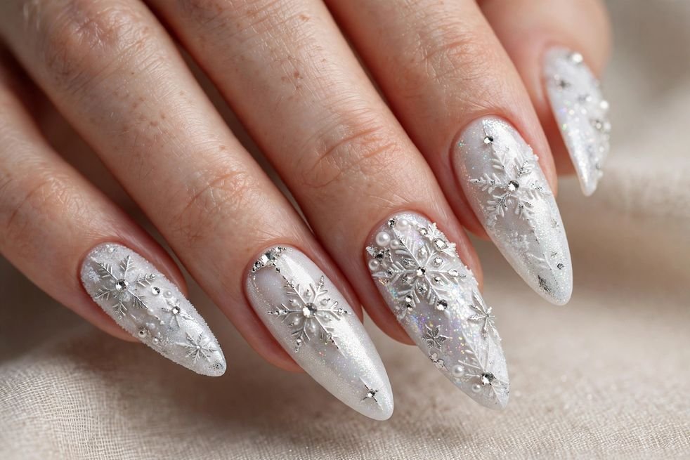 Icy White Almond nail design