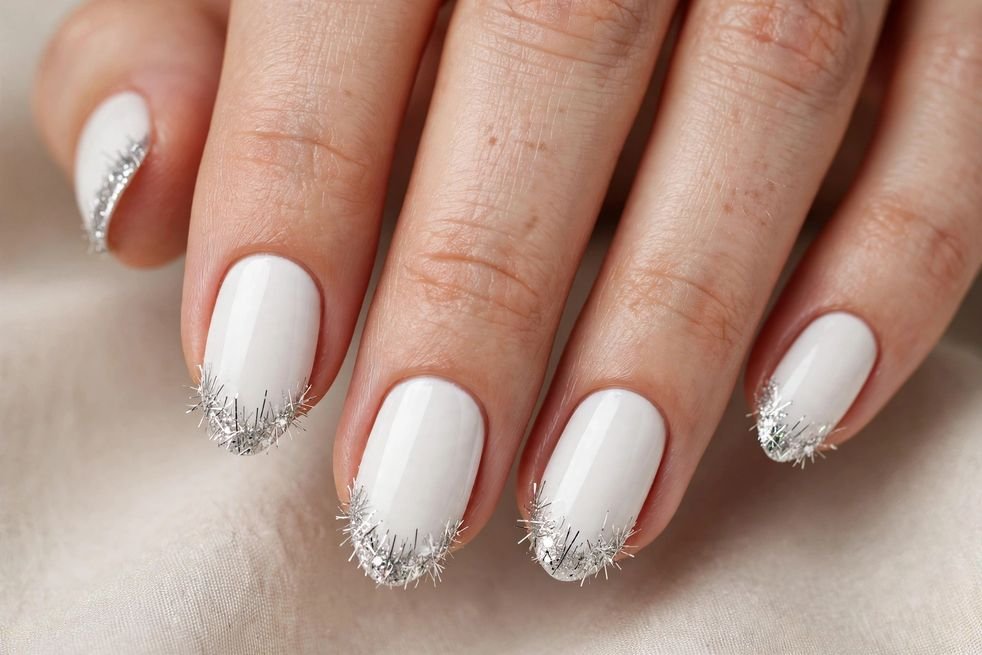 White Tinsel Tips nail design