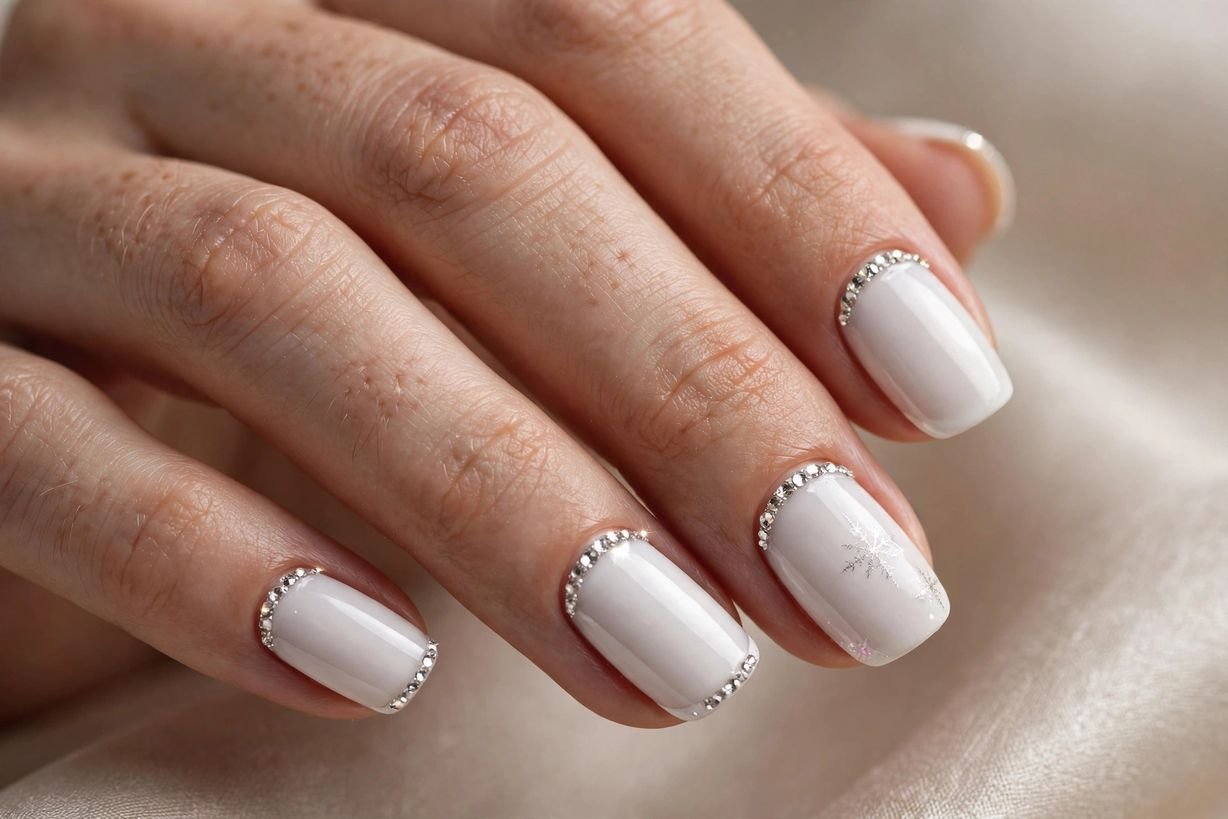 White with Crystal Cuticle nail design