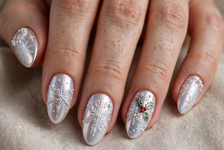 Pearl White Chrome nail design
