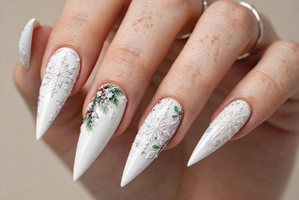 Arctic White Stiletto nail design