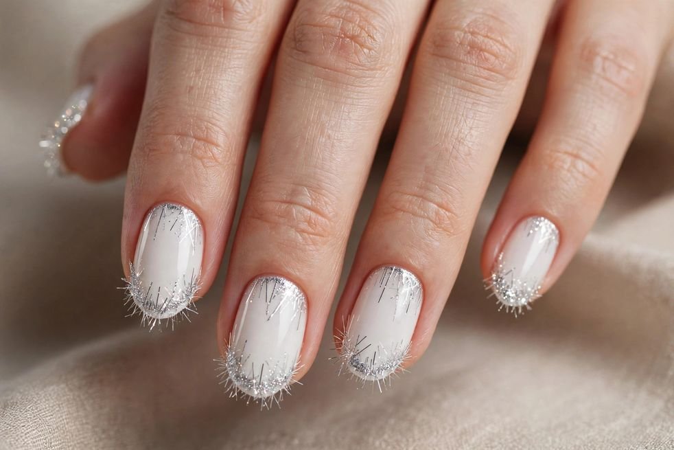 White Tinsel Tips nail design