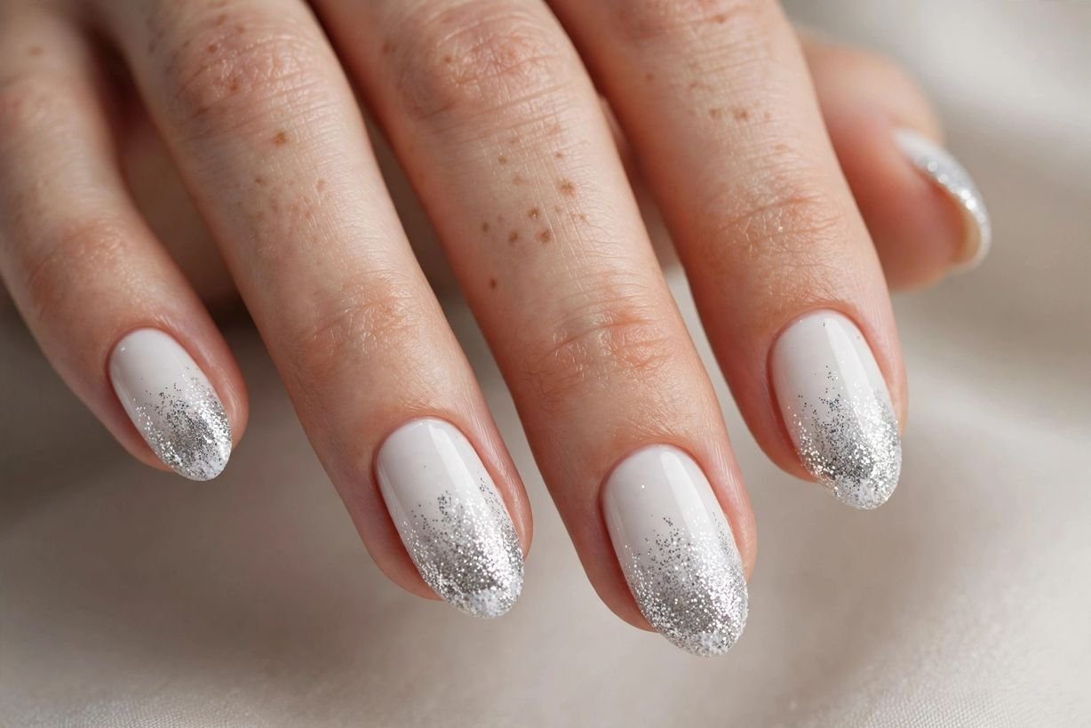 White and Silver Glitter nail design