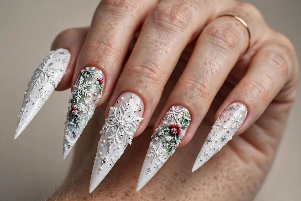 Arctic White Stiletto nail design